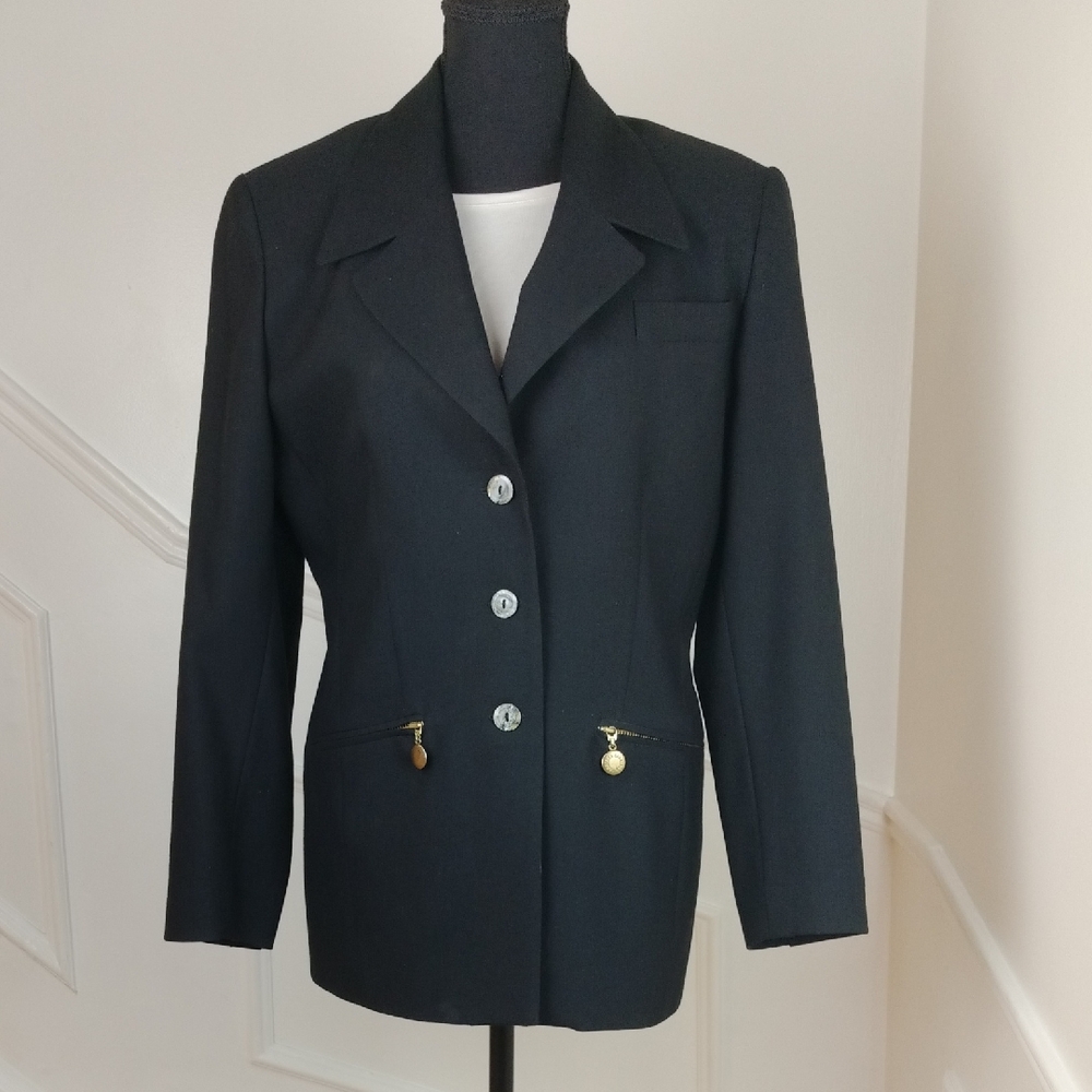 Femme de Carriere Pure Wool Tailored‎ Blazer Women 34 Black Gold Zip Pockets